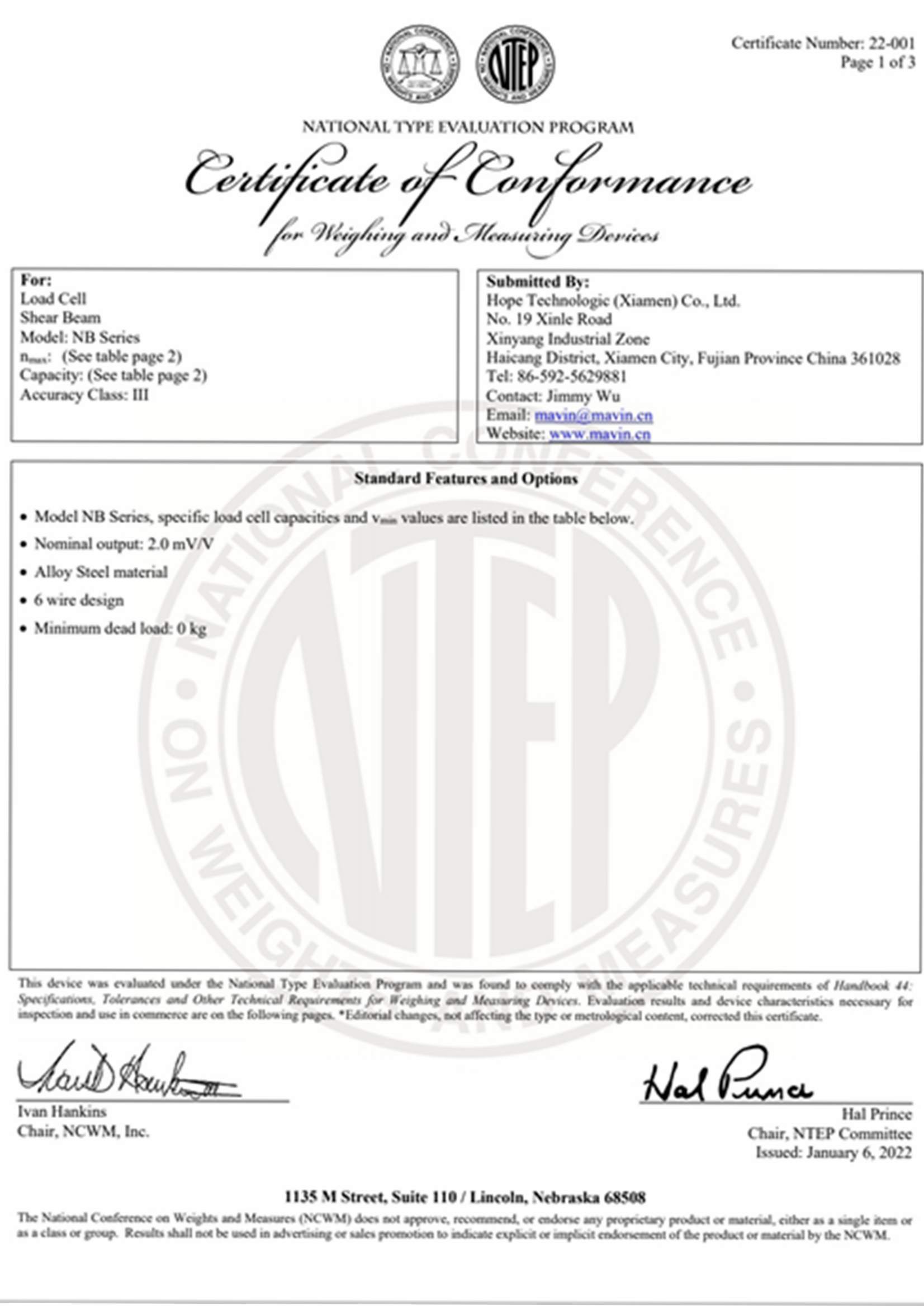 NTEP-Zertifikat der NB-Serie
        